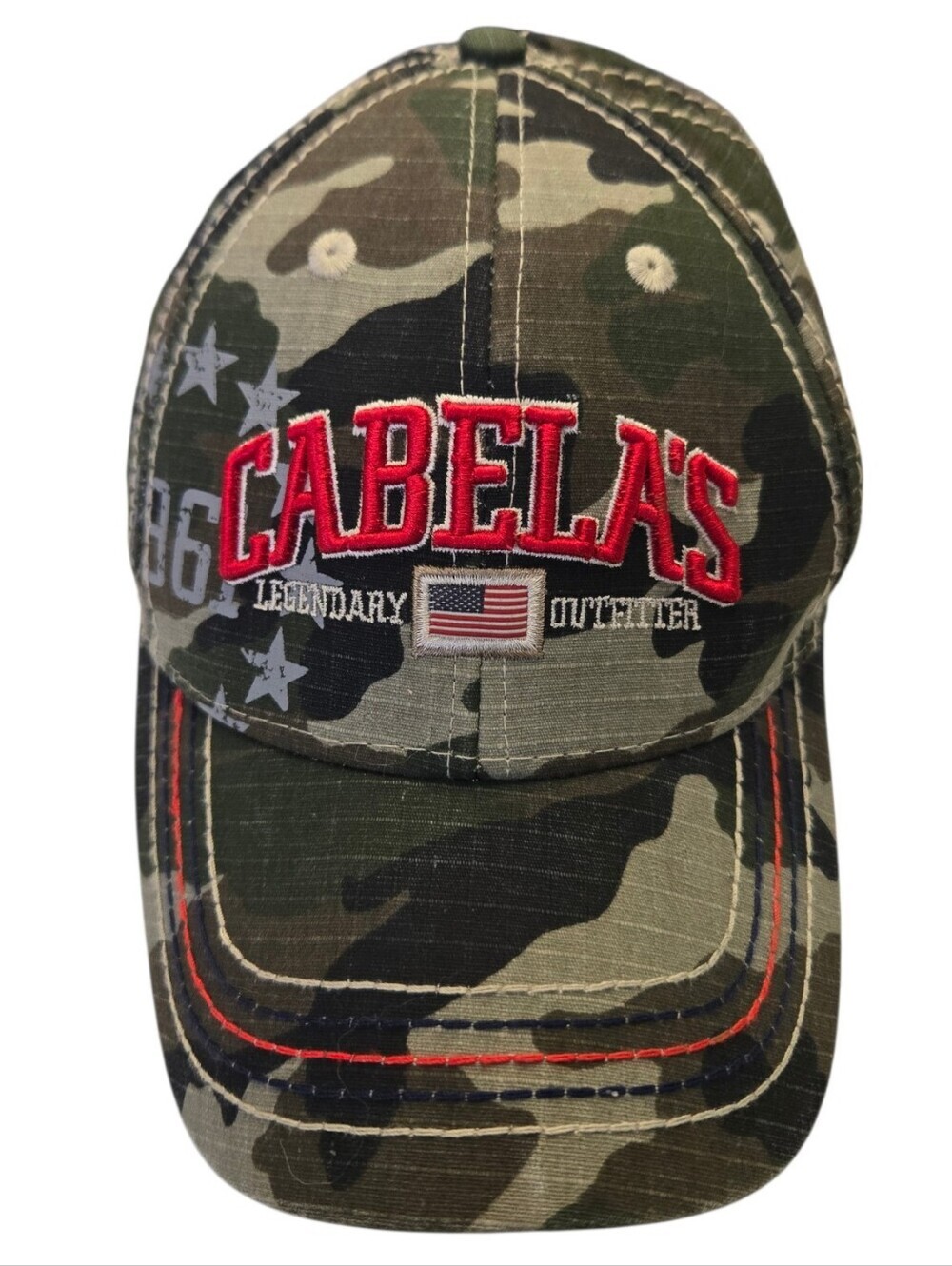 🧢 Cabela's Youth Camo Snapback Hat Legendary Outfitter American Flag Cap